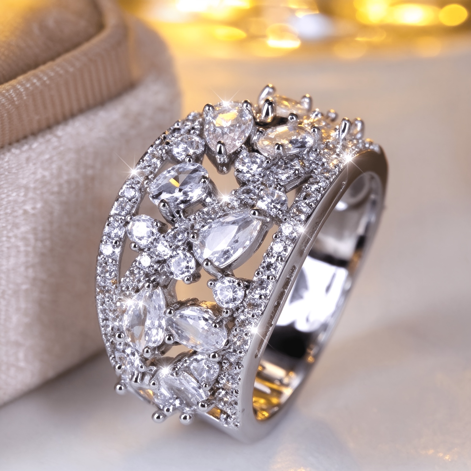 Exquisite Wide-Band Openwork Crisscross Design Ring